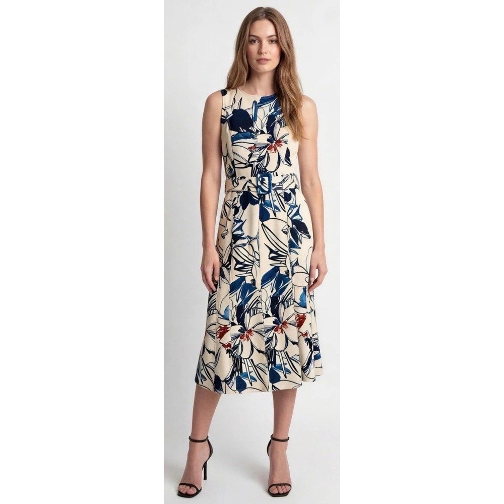 Calvin Klein Women 14W Floral Sleeveless Belted Midi Dress Cream Blue CX6C2DH6